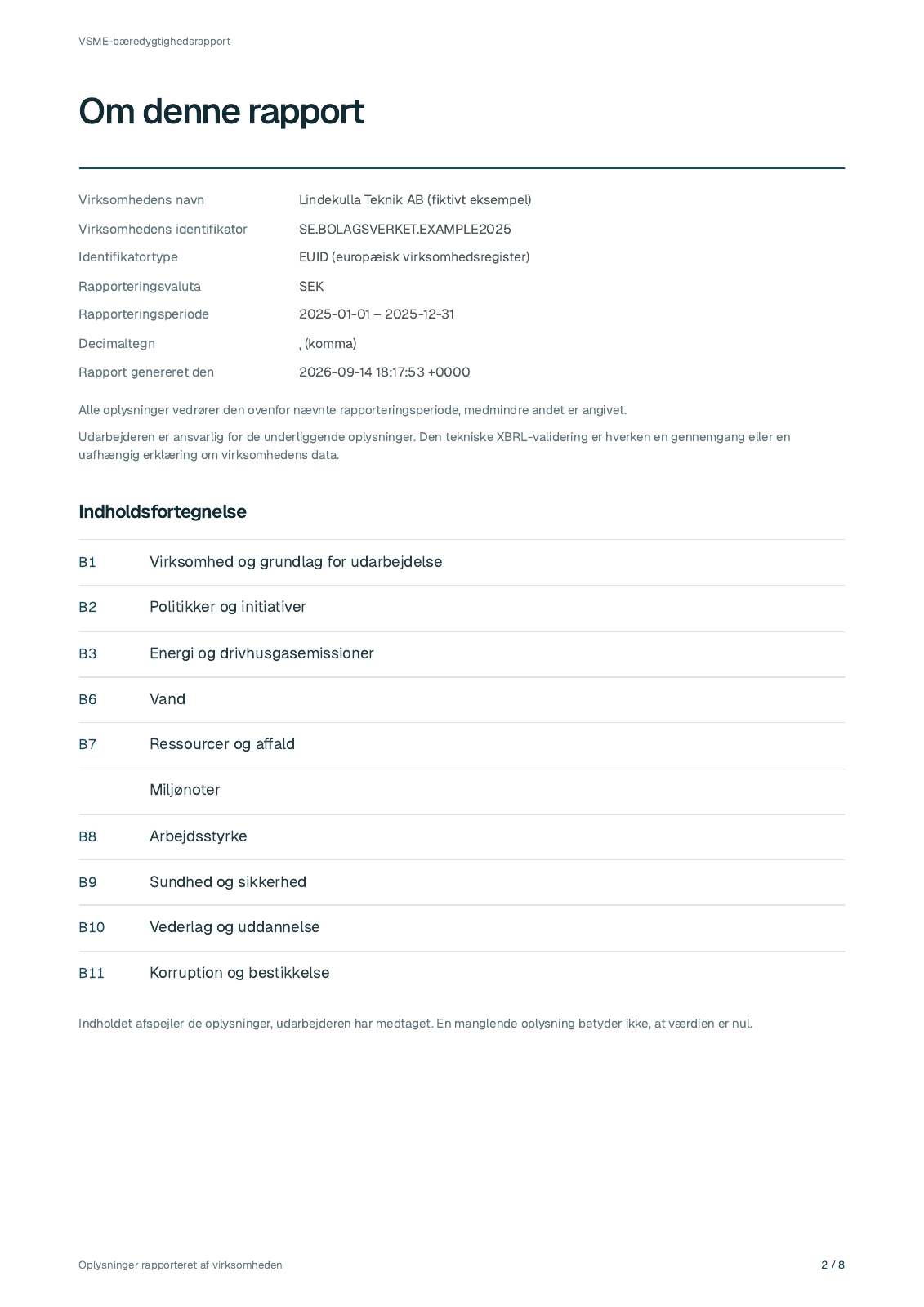 Side 2 fra Lindekulla Teknik ABs fiktive rapport for 2025