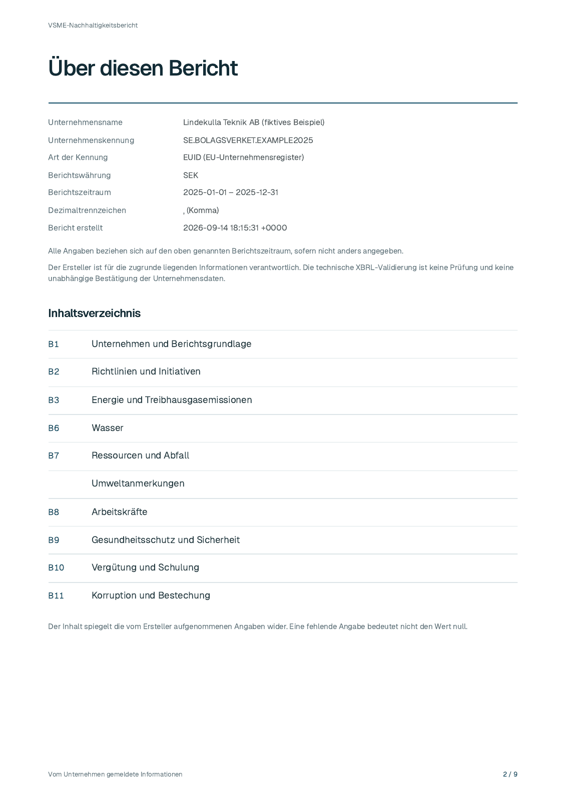 Seite 2 aus dem fiktiven Bericht 2025 von Lindekulla Teknik AB