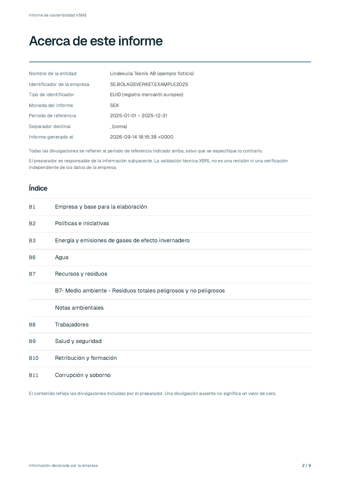 Página 2 del informe ficticio de 2025 de Lindekulla Teknik AB