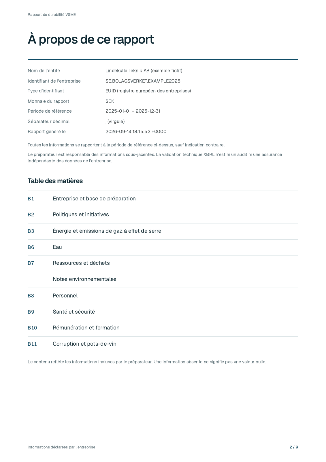Page 2 du rapport fictif 2025 de Lindekulla Teknik AB