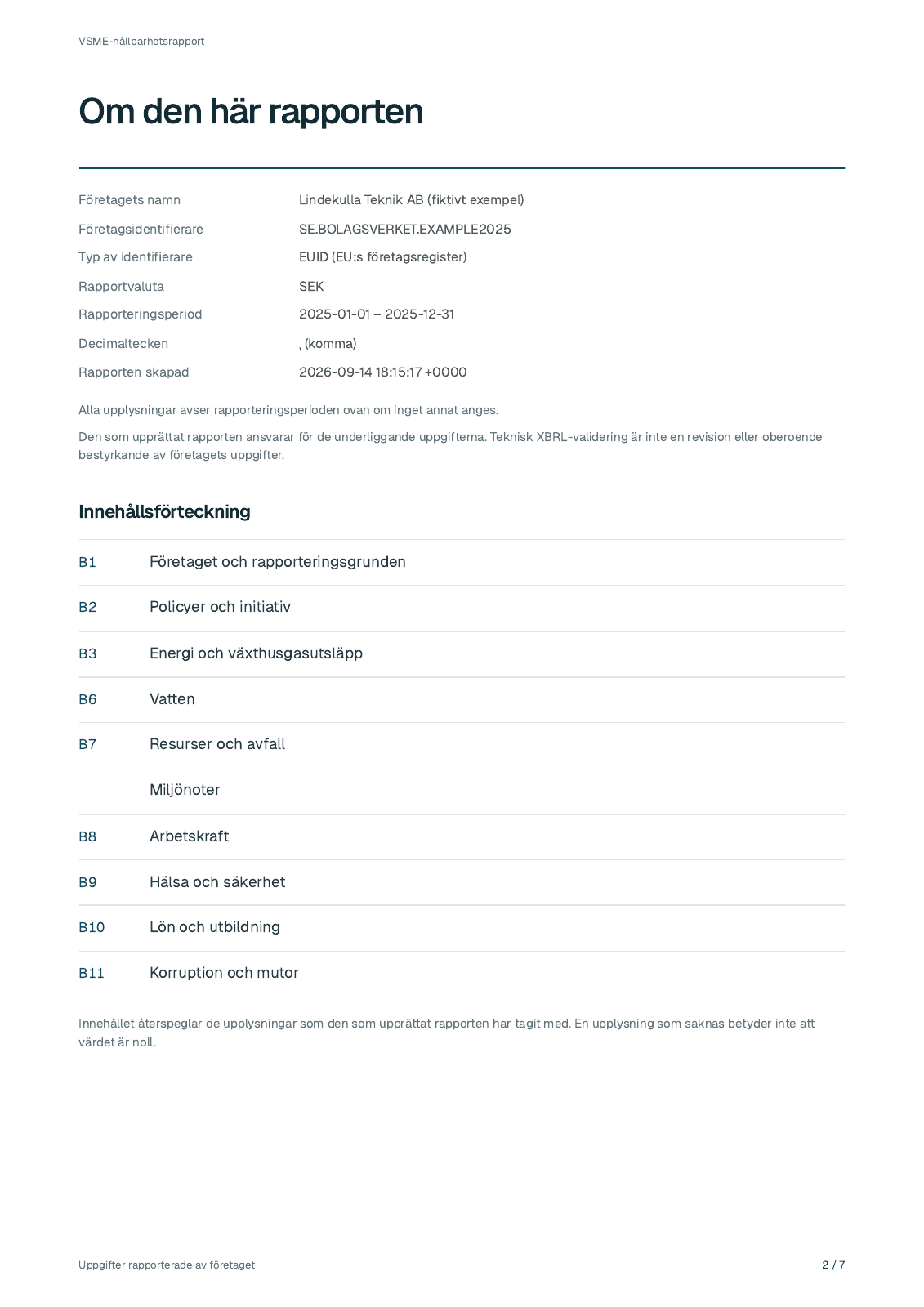 Sida 2 ur Lindekulla Teknik ABs fiktiva rapport för 2025